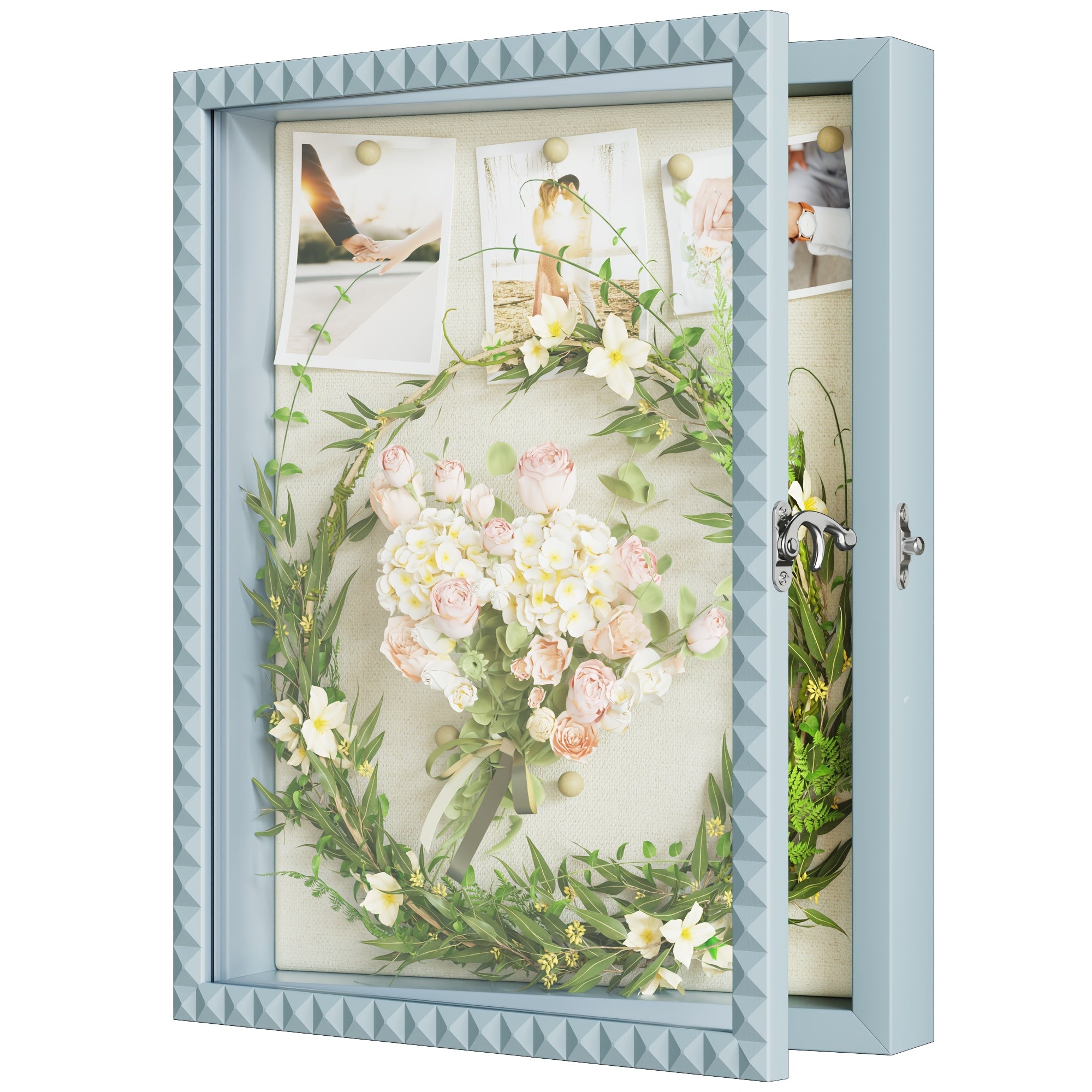 Large Wood Picture Frame Display Box with Diamond Door & Vintage Lock - Deep Blue Shadow Box Case Suitable for Graduation Medals, Wedding Keepsakes, Baby Photos, Memory Box for Decor, Photos, Awards, Wedding Flower Petals Preservation