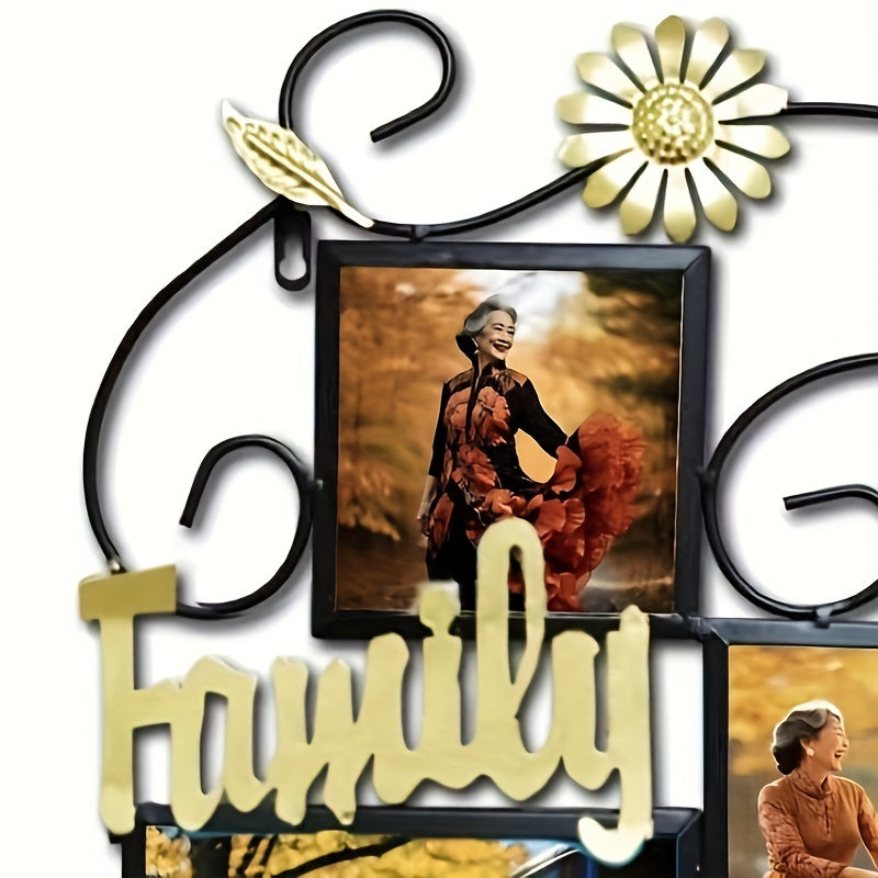 4 Open Iron Picture Frame Collage Metal Flower Spray Wall Decoration Family Picture Frame Display (black)