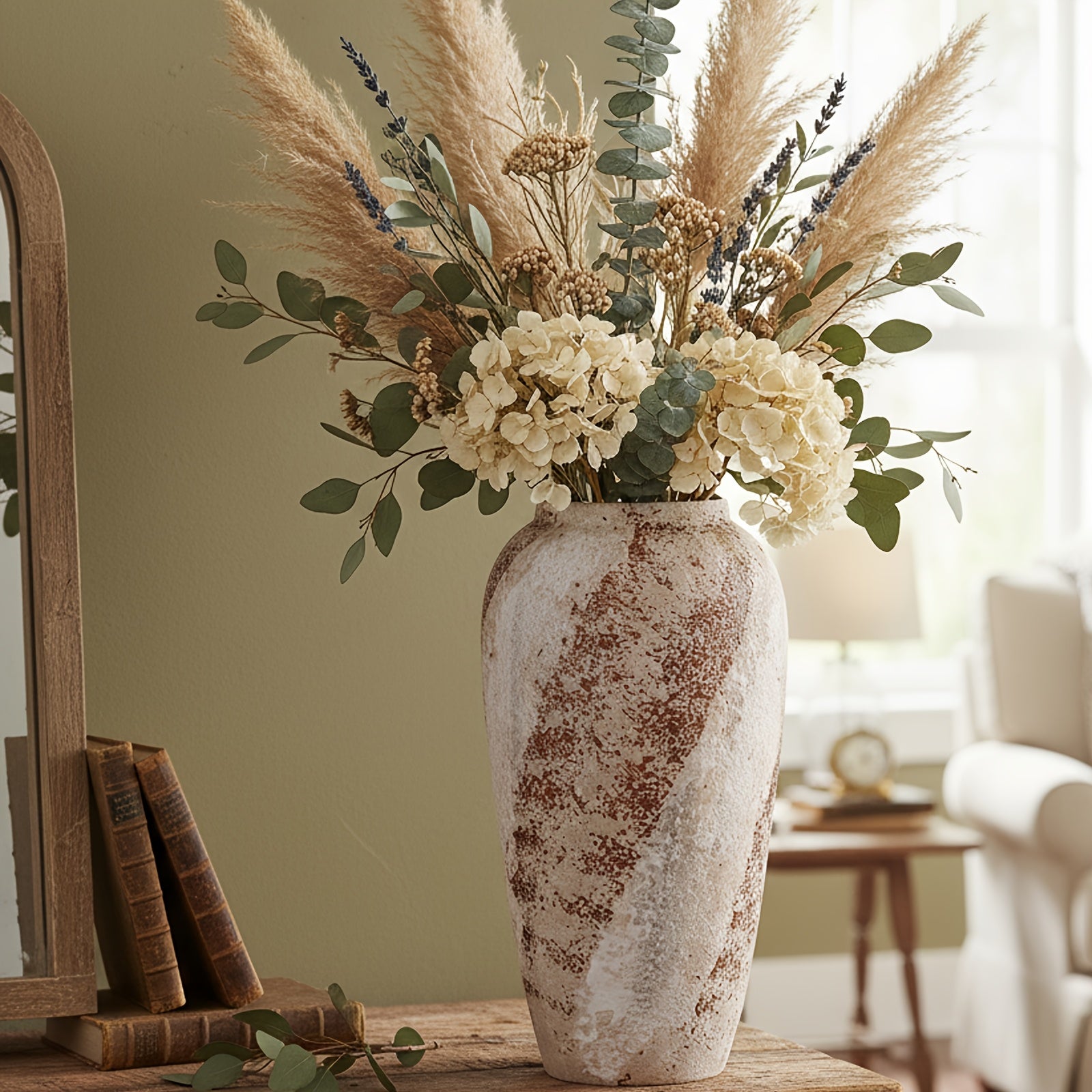 Vintage Ceramic Vase - Minimalist Texture Stone Round Decorative Vase Suitable for Living Room Shelf & Farmhouse Table Centerpiece Decor - Rustic Elegant Vase 13.7''