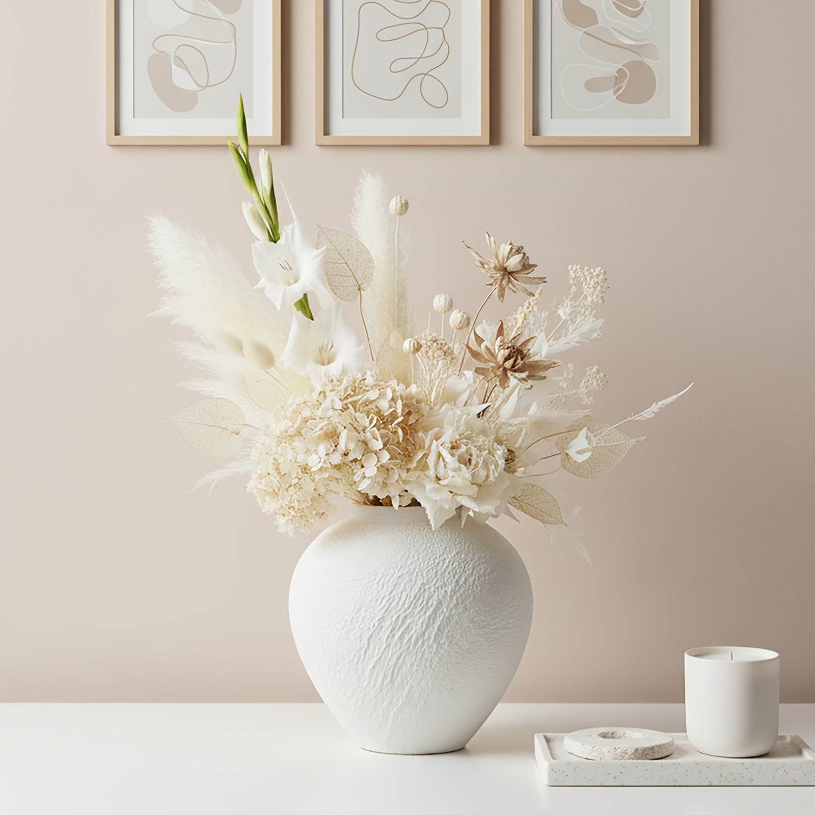 Vintage Ceramic Vase | Minimalist Texture Stone Patterned White Flower Vase, Decorative for Living Room Shelf and Farmhouse Dining Table Centerpiece (7.9'')
