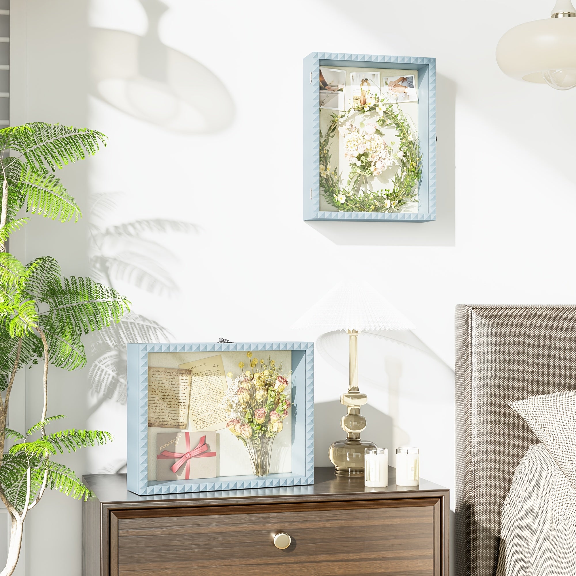 Large Wood Picture Frame Display Box with Diamond Door & Vintage Lock - Deep Blue Shadow Box Case Suitable for Graduation Medals, Wedding Keepsakes, Baby Photos, Memory Box for Decor, Photos, Awards, Wedding Flower Petals Preservation