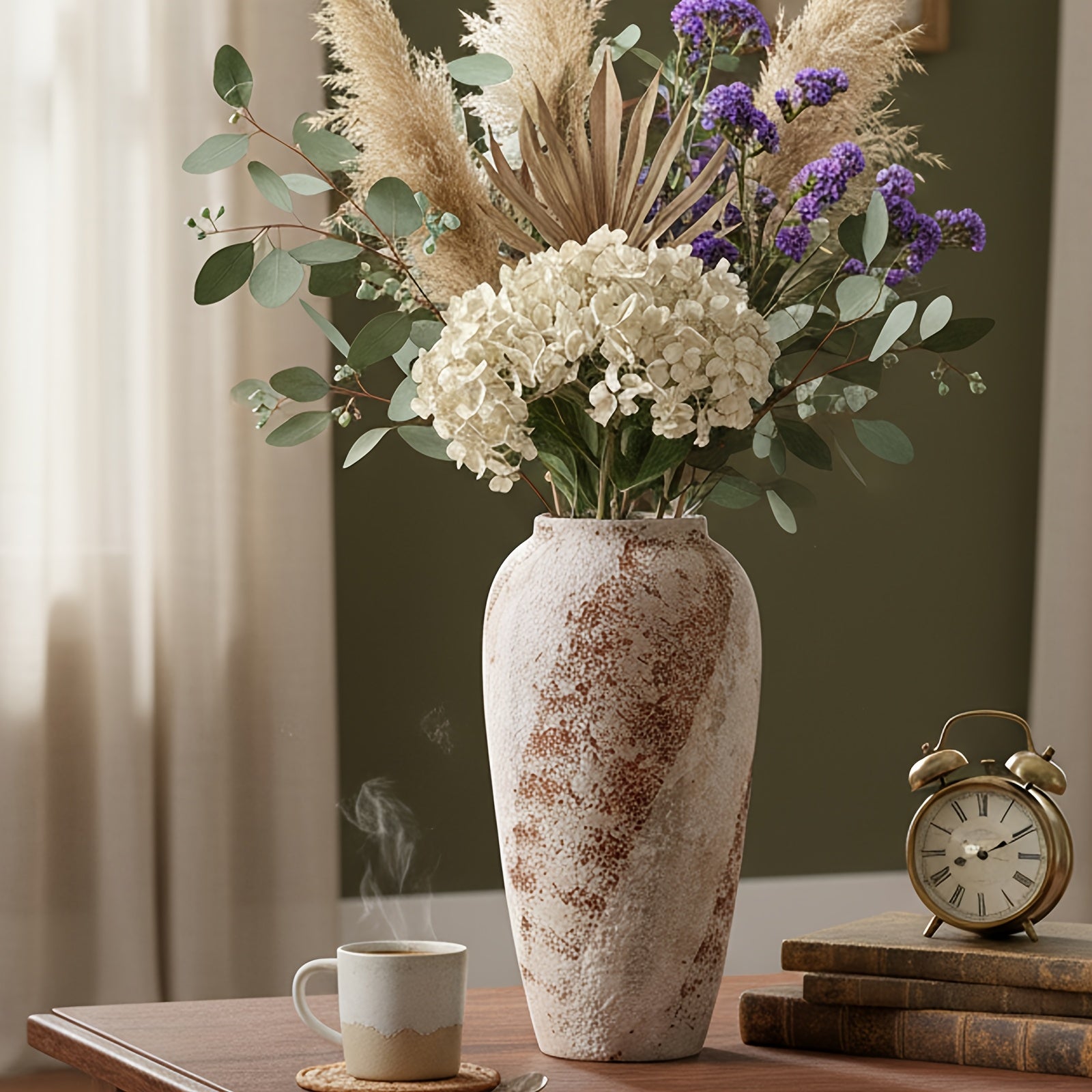 Vintage Ceramic Vase - Minimalist Texture Stone Round Decorative Vase Suitable for Living Room Shelf & Farmhouse Table Centerpiece Decor - Rustic Elegant Vase 13.7''