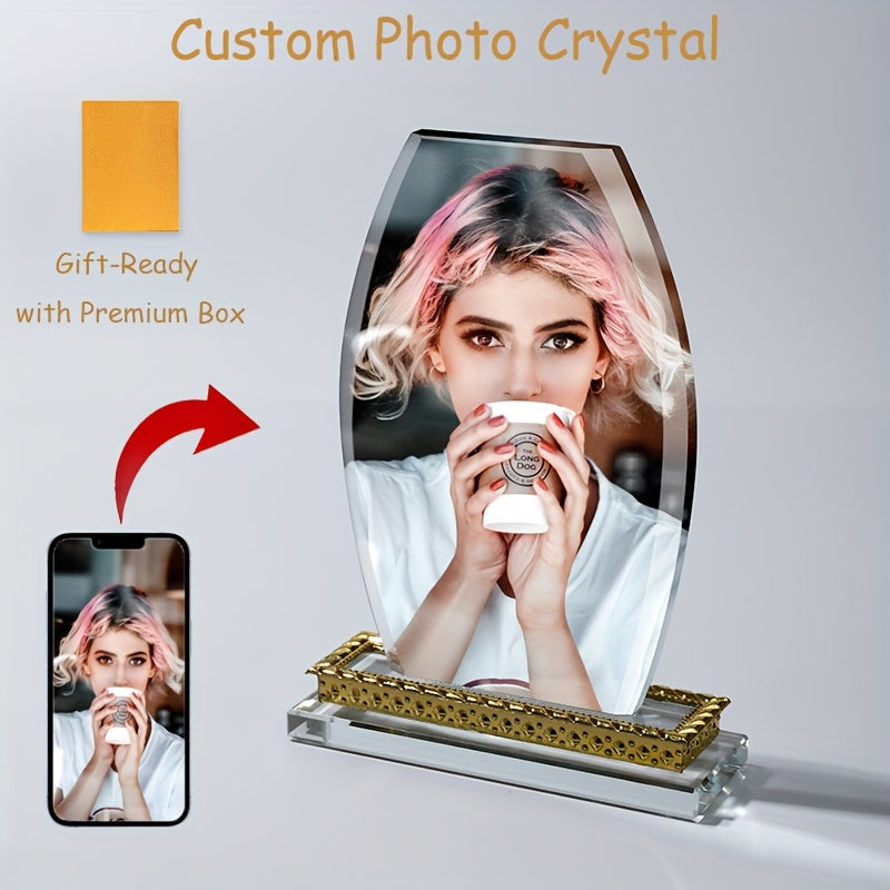 Collectible Figurines, Custom Photo Crystal, With Premium Box, Unique Arc Crystal Picture Frame, Display Picture, Luxury Elegant Clear Crystal Glass Photo Frame For Prized Pictures Of Family, Grandma, Grandpa, Dad, Mom, Wedding, Graduation