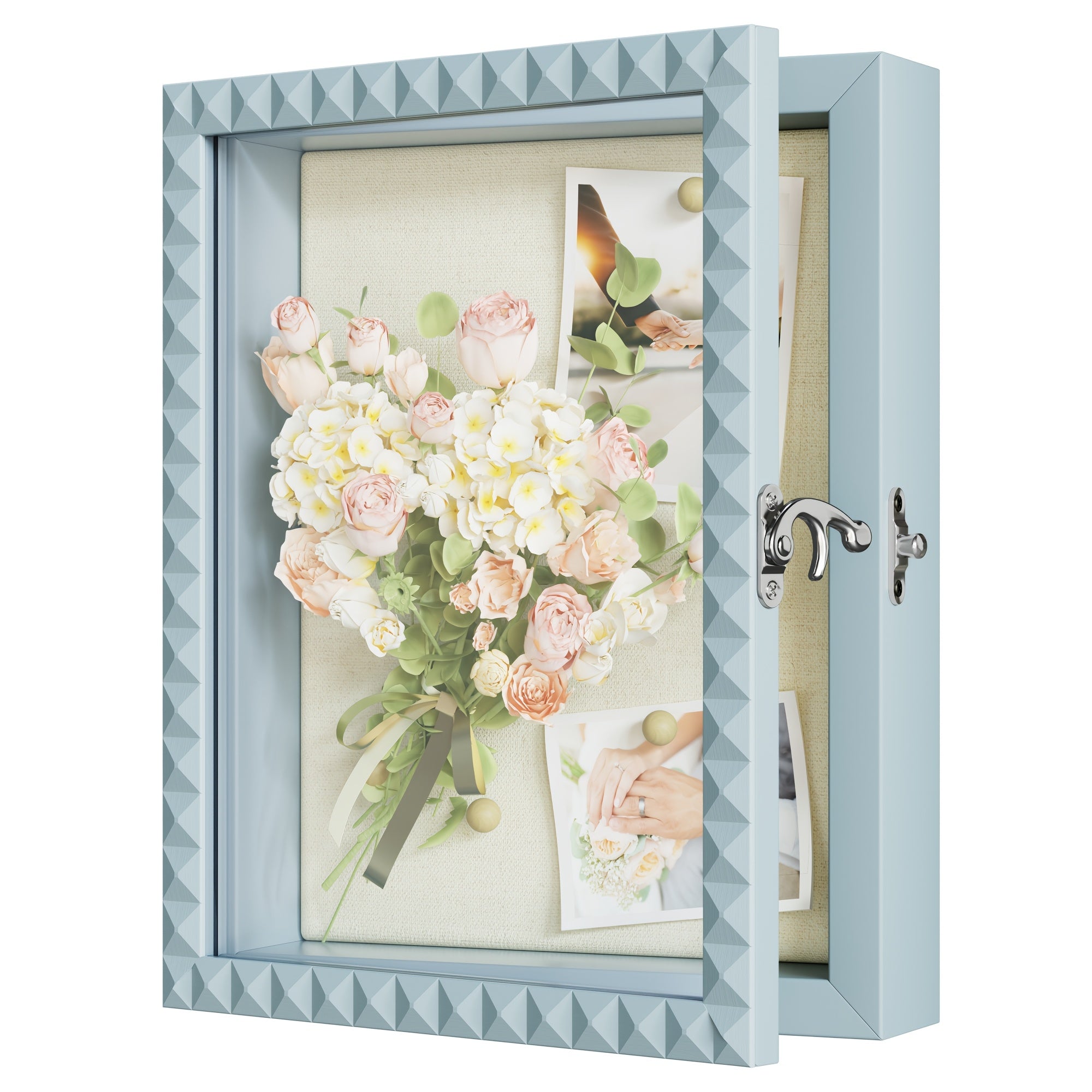 Large Wood Picture Frame Display Box with Diamond Door & Vintage Lock - Deep Blue Shadow Box Case Suitable for Graduation Medals, Wedding Keepsakes, Baby Photos, Memory Box for Decor, Photos, Awards, Wedding Flower Petals Preservation