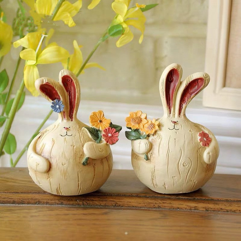 6pcs Retro Chubby Bunny Resin Ornaments, Wood-Look Creative Home Decor, Nordic Style Bar Cabinet& Living Room Display, Cute Craft Gift for Friends