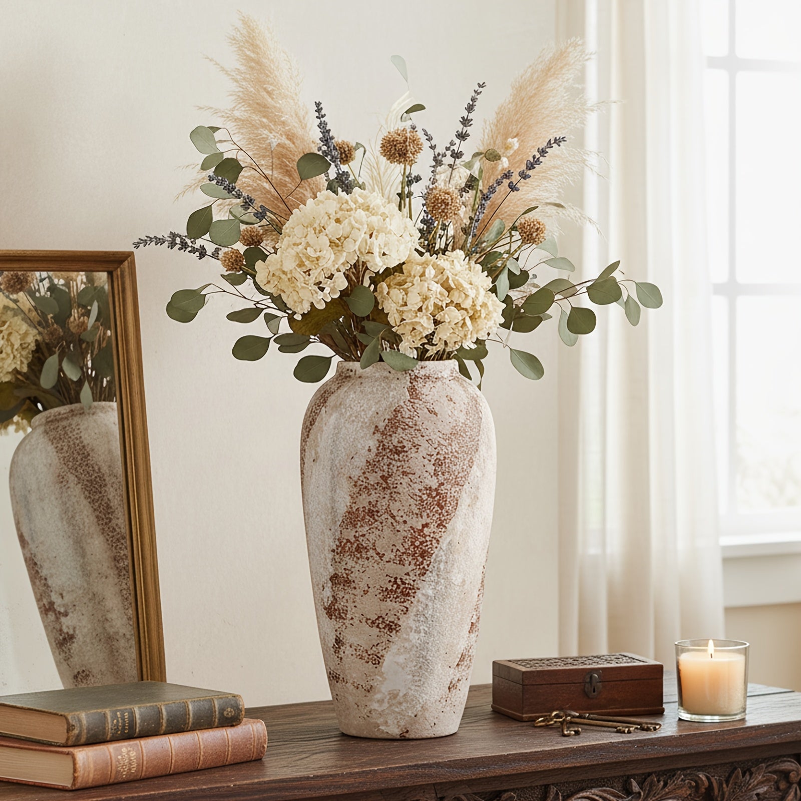 Vintage Ceramic Vase - Minimalist Texture Stone Round Decorative Vase Suitable for Living Room Shelf & Farmhouse Table Centerpiece Decor - Rustic Elegant Vase 13.7''