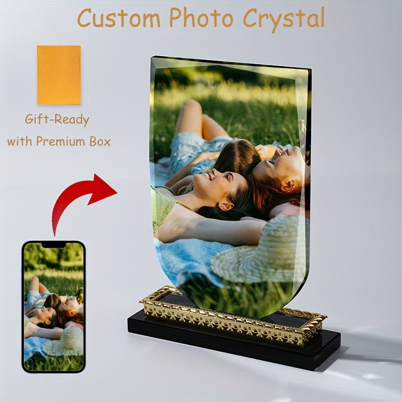 Collectible Figurines, Custom Photo Crystal, With Premium Box, Unique Arc Crystal Picture Frame, Display Picture, Luxury Elegant Clear Crystal Glass Photo Frame For Prized Pictures Of Family, Grandma, Grandpa, Dad, Mom, Wedding, Graduation