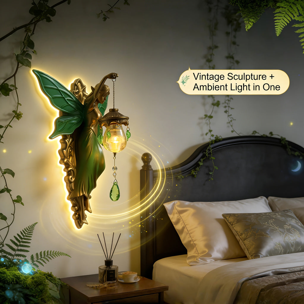 9.84in Fantasy Fairy Statue Wall Decor, Carved Tone & Green Leaf Art Decoration, Forest Fairy Tale Style for Bedroom & Living Room Wall, Ideal Gift for Fairy Lovers & Dreamy Home Fans (Easter & Spring)