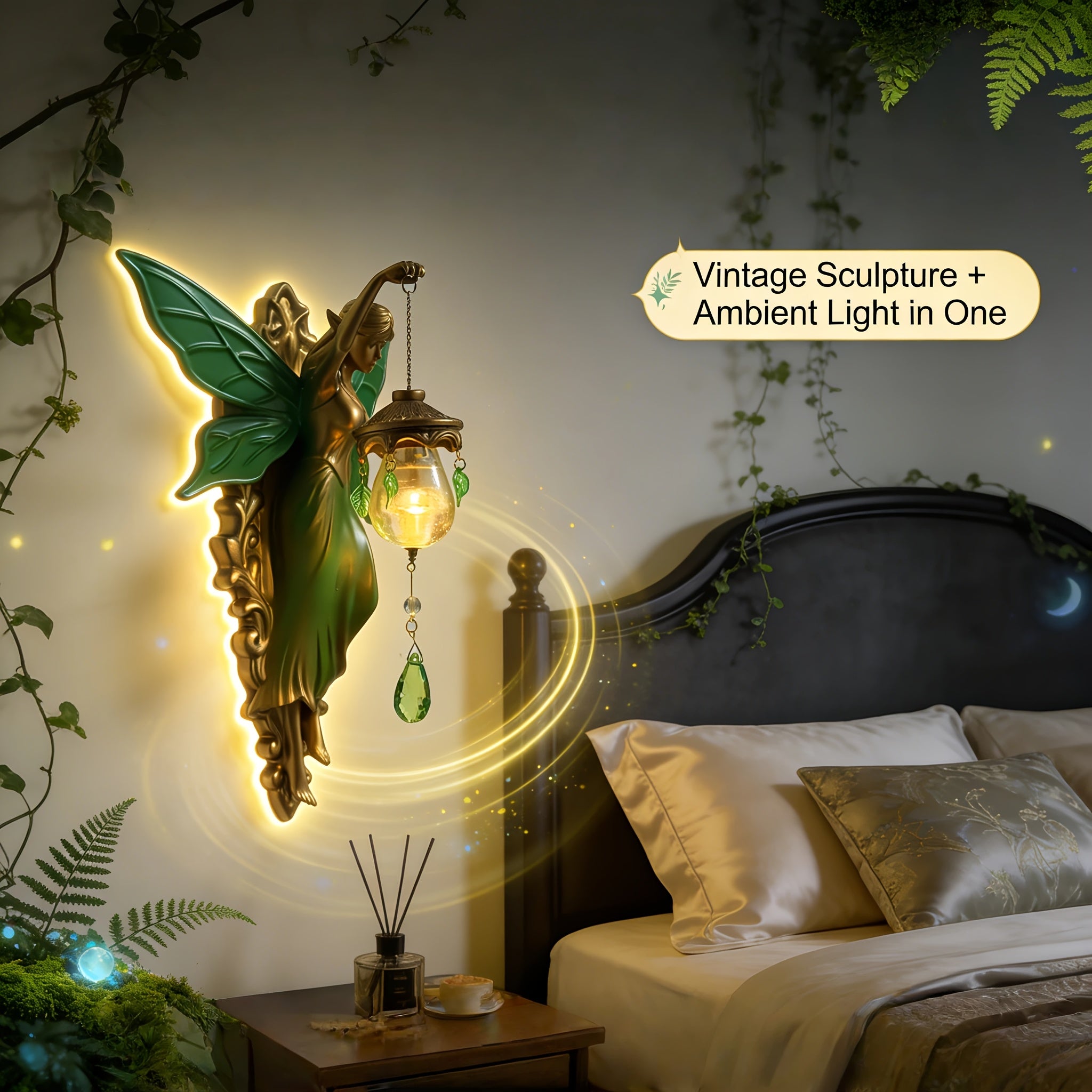 9.84in Fantasy Fairy Statue Wall Decor, Carved Tone & Green Leaf Art Decoration, Forest Fairy Tale Style for Bedroom & Living Room Wall, Ideal Gift for Fairy Lovers & Dreamy Home Fans (Easter & Spring)