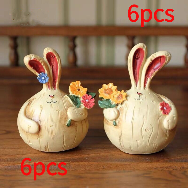 6pcs Retro Chubby Bunny Resin Ornaments, Wood-Look Creative Home Decor, Nordic Style Bar Cabinet& Living Room Display, Cute Craft Gift for Friends