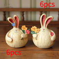 6pcs Retro Chubby Bunny Resin Ornaments, Wood-Look Creative Home Decor, Nordic Style Bar Cabinet& Living Room Display, Cute Craft Gift for Friends