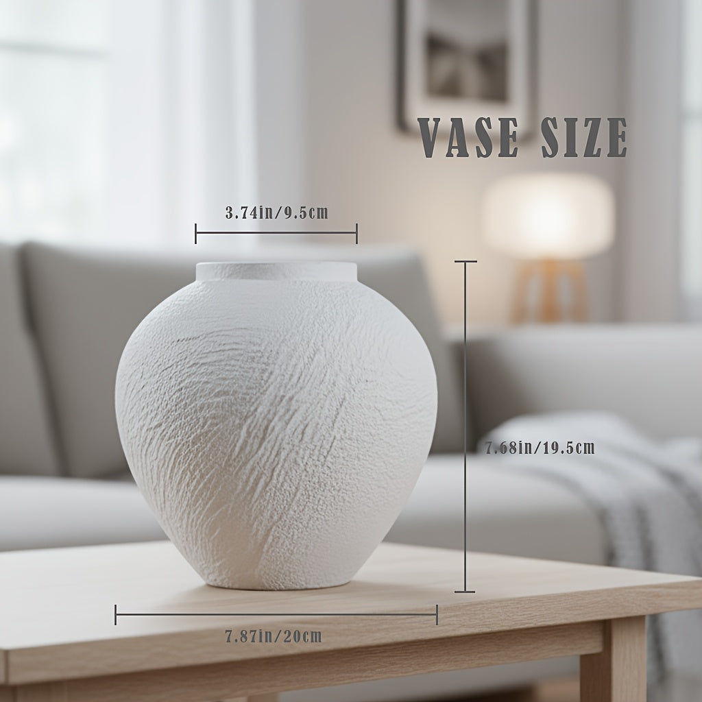 Vintage Ceramic Vase | Minimalist Texture Stone Patterned White Flower Vase, Decorative for Living Room Shelf and Farmhouse Dining Table Centerpiece (7.9'')