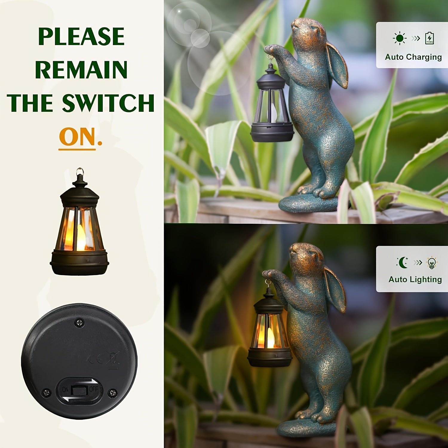 1pc Garden Statues Rabbit with Solar Lantern Outdoor Bunny Figurines Decorations for Patio Yard Lawn Ornaments Gifts for Birthday Easter Housewarming Mother's Day, IP44