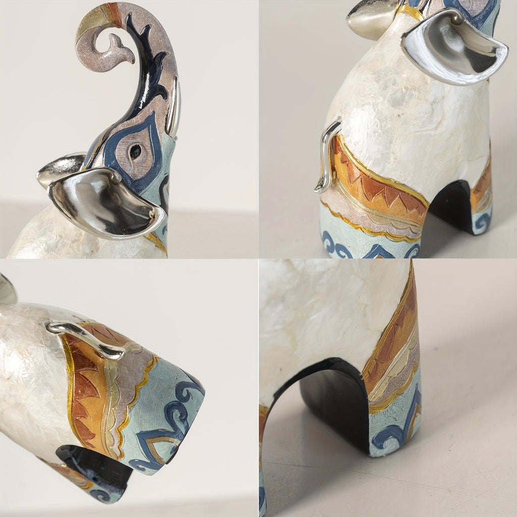 A pair of shell elephant decorations, good luck elephant statue home statue, resin+natural shell handmade elephant, home atmosphere decoration, suitable for offices, living rooms, bedrooms, entrances, gifts for elephant enthusiasts