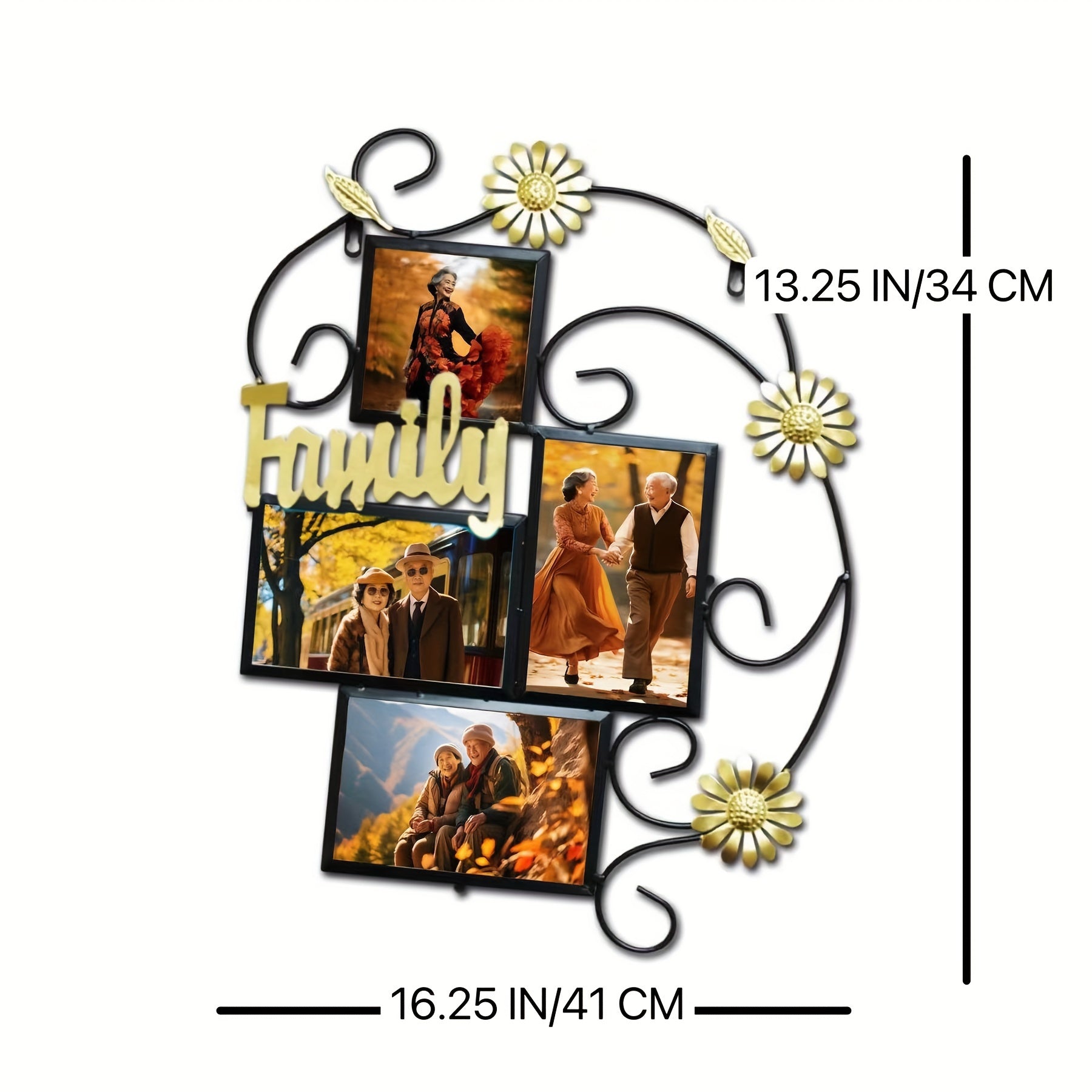 4 Open Iron Picture Frame Collage Metal Flower Spray Wall Decoration Family Picture Frame Display (black)