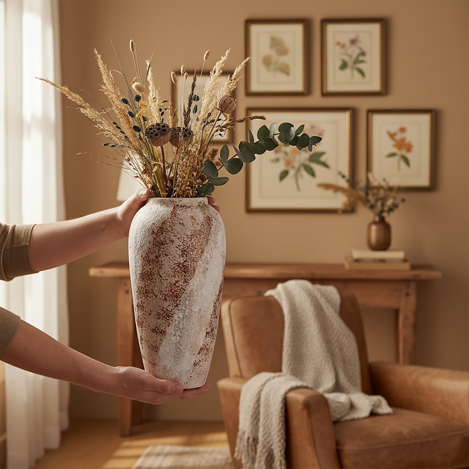 Vintage Ceramic Vase - Minimalist Texture Stone Round Decorative Vase Suitable for Living Room Shelf & Farmhouse Table Centerpiece Decor - Rustic Elegant Vase 13.7''