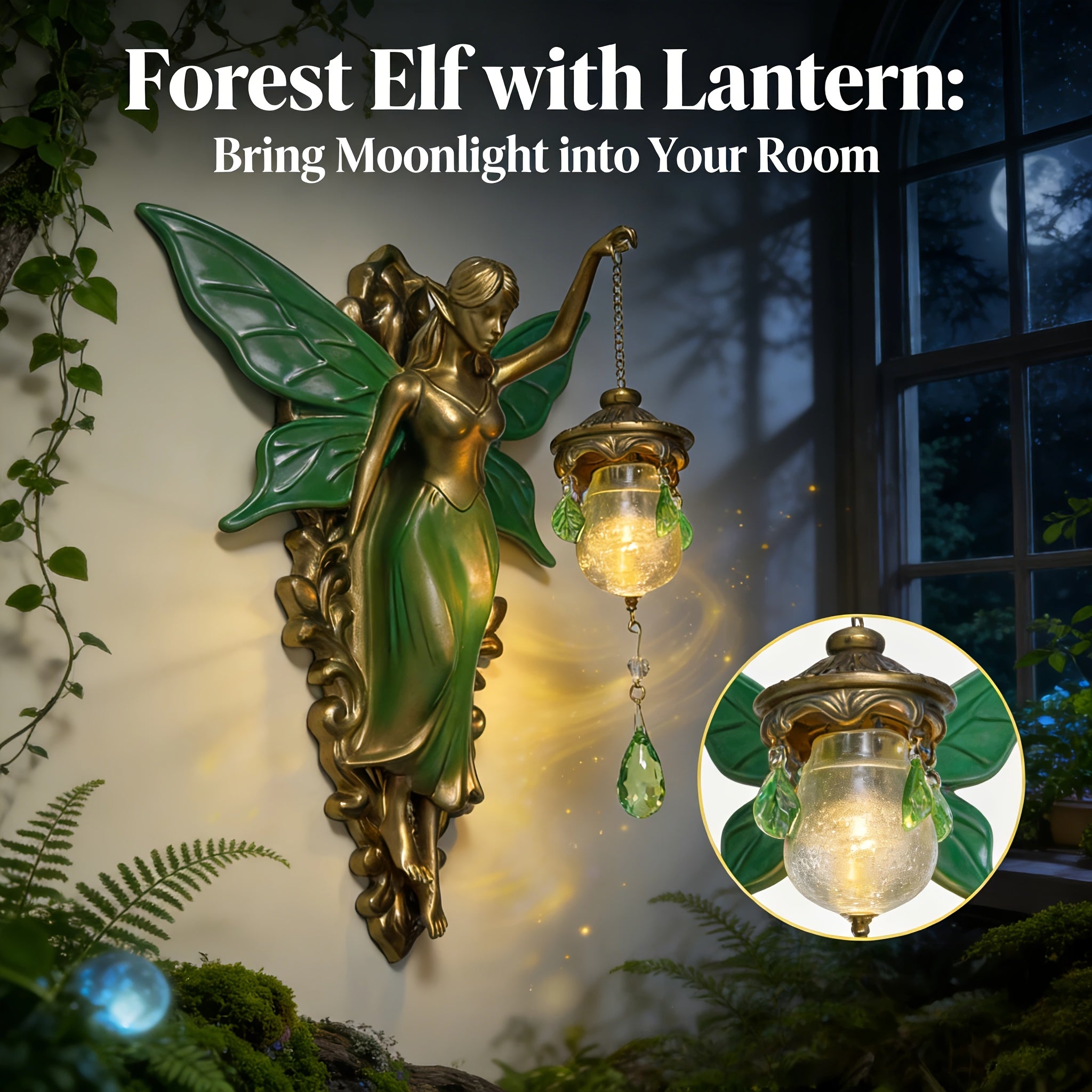 9.84in Fantasy Fairy Statue Wall Decor, Carved Tone & Green Leaf Art Decoration, Forest Fairy Tale Style for Bedroom & Living Room Wall, Ideal Gift for Fairy Lovers & Dreamy Home Fans (Easter & Spring)