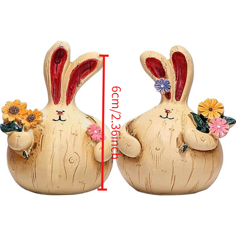 6pcs Retro Chubby Bunny Resin Ornaments, Wood-Look Creative Home Decor, Nordic Style Bar Cabinet& Living Room Display, Cute Craft Gift for Friends