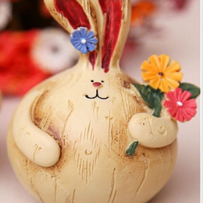 6pcs Retro Chubby Bunny Resin Ornaments, Wood-Look Creative Home Decor, Nordic Style Bar Cabinet& Living Room Display, Cute Craft Gift for Friends