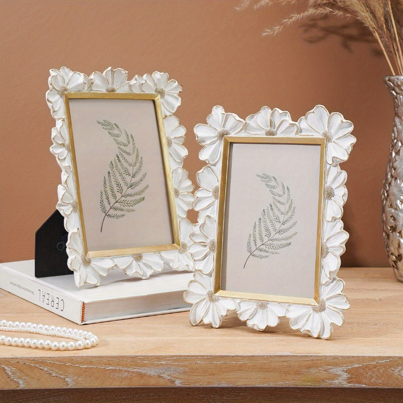 1pc White Resin Photo Frame with 3D Realistic Daisy Flower - Vertical\u002FHorizontal Square Picture Frame, Contemporary Tabletop or Wall-Mountable Display for home, desk, for bokeh-creating picture Framing (Compatible with Smartphones\u002FCameras)