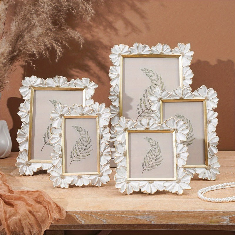 1pc White Resin Photo Frame with 3D Realistic Daisy Flower - Vertical\u002FHorizontal Square Picture Frame, Contemporary Tabletop or Wall-Mountable Display for home, desk, for bokeh-creating picture Framing (Compatible with Smartphones\u002FCameras)