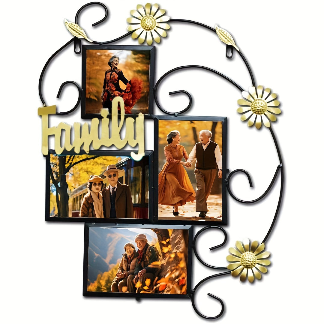 4 Open Iron Picture Frame Collage Metal Flower Spray Wall Decoration Family Picture Frame Display (black)