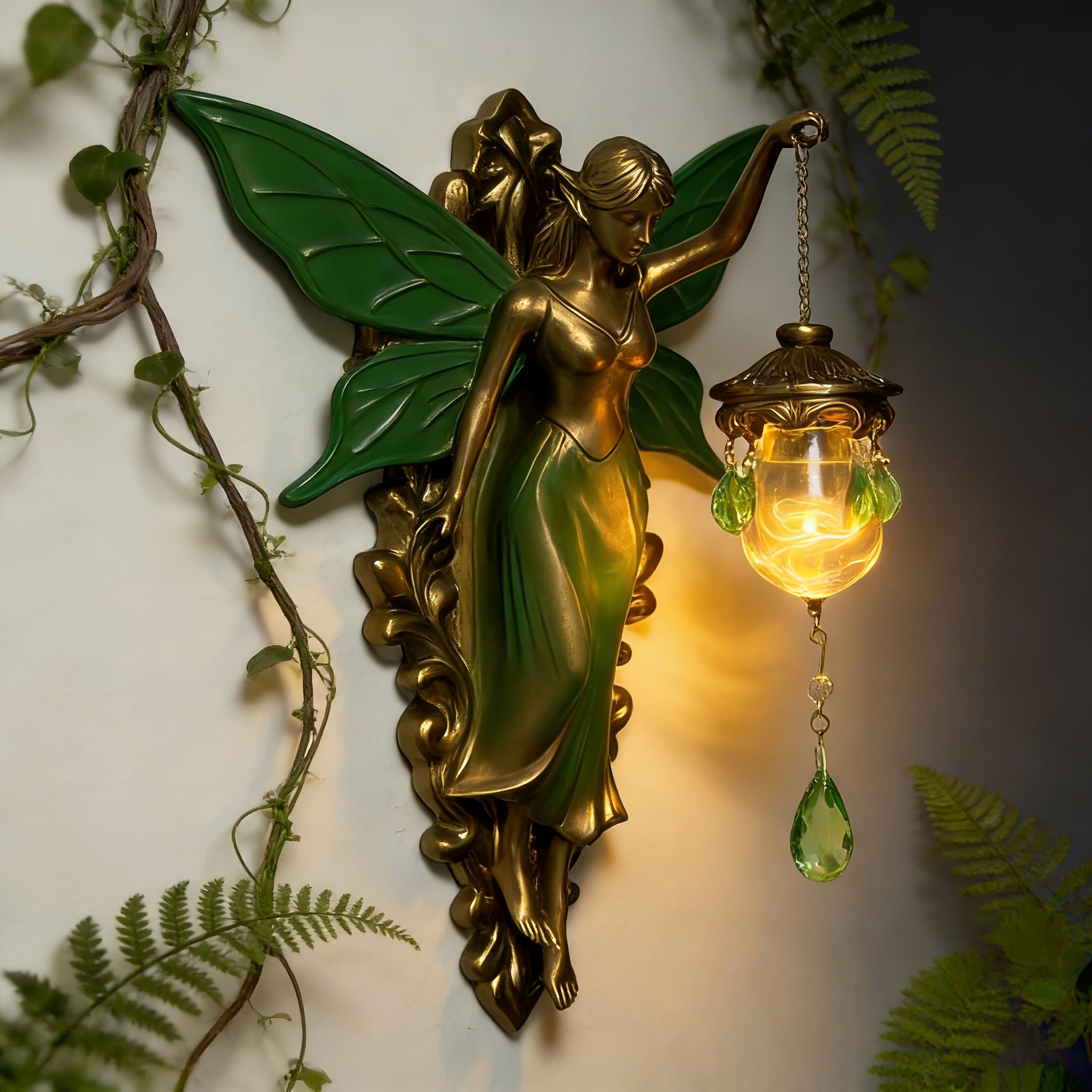 9.84in Fantasy Fairy Statue Wall Decor, Carved Tone & Green Leaf Art Decoration, Forest Fairy Tale Style for Bedroom & Living Room Wall, Ideal Gift for Fairy Lovers & Dreamy Home Fans (Easter & Spring)