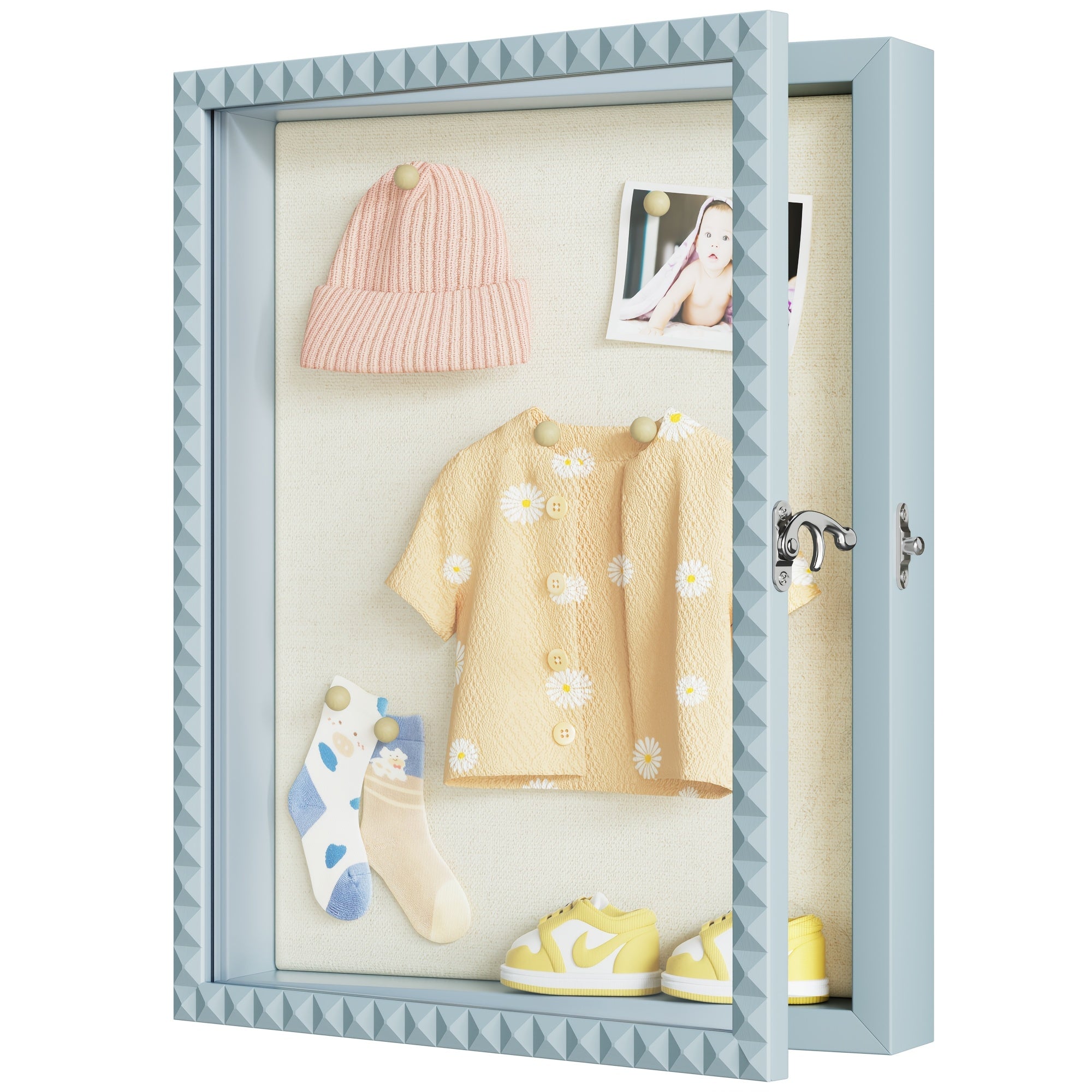 Large Wood Picture Frame Display Box with Diamond Door & Vintage Lock - Deep Blue Shadow Box Case Suitable for Graduation Medals, Wedding Keepsakes, Baby Photos, Memory Box for Decor, Photos, Awards, Wedding Flower Petals Preservation
