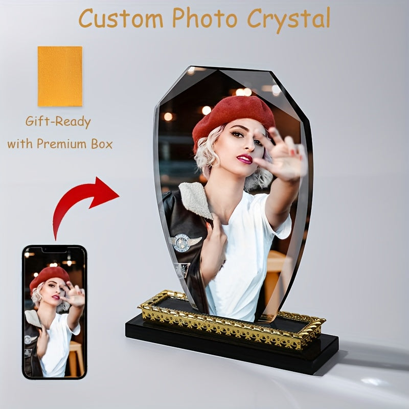 Collectible Figurines, Custom Photo Crystal, With Premium Box, Unique Arc Crystal Picture Frame, Display Picture, Luxury Elegant Clear Crystal Glass Photo Frame For Prized Pictures Of Family, Grandma, Grandpa, Dad, Mom, Wedding, Graduation