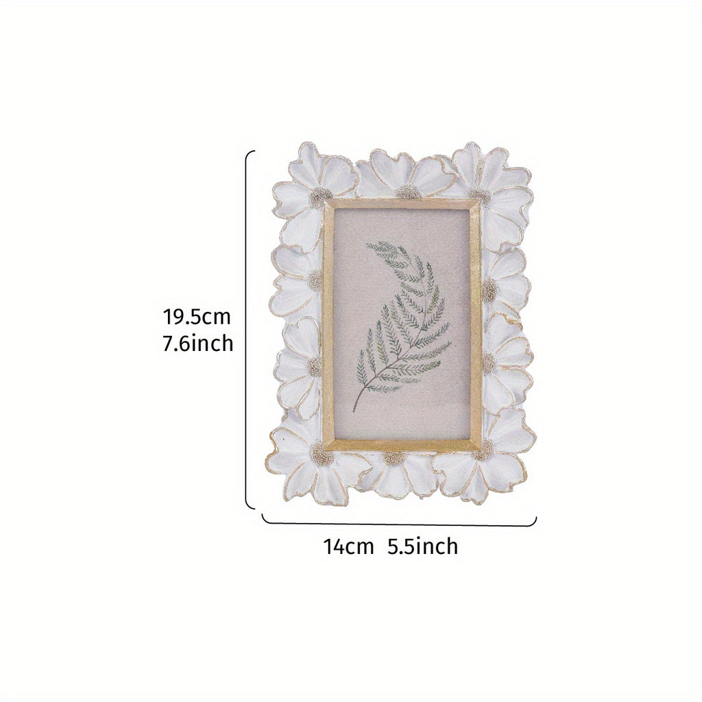 1pc White Resin Photo Frame with 3D Realistic Daisy Flower - Vertical\u002FHorizontal Square Picture Frame, Contemporary Tabletop or Wall-Mountable Display for home, desk, for bokeh-creating picture Framing (Compatible with Smartphones\u002FCameras)