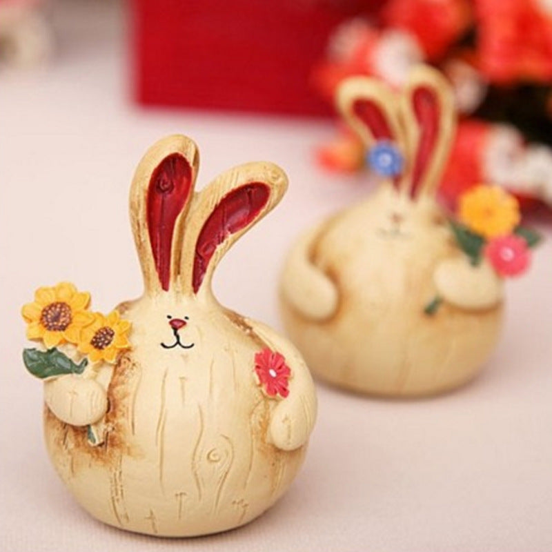 6pcs Retro Chubby Bunny Resin Ornaments, Wood-Look Creative Home Decor, Nordic Style Bar Cabinet& Living Room Display, Cute Craft Gift for Friends