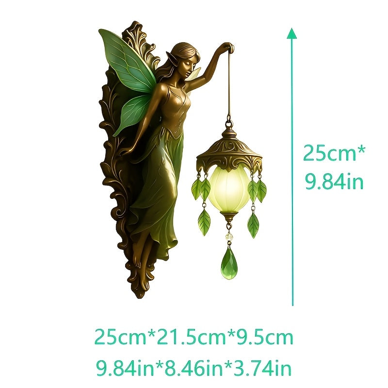 9.84in Fantasy Fairy Statue Wall Decor, Carved Tone & Green Leaf Art Decoration, Forest Fairy Tale Style for Bedroom & Living Room Wall, Ideal Gift for Fairy Lovers & Dreamy Home Fans (Easter & Spring)