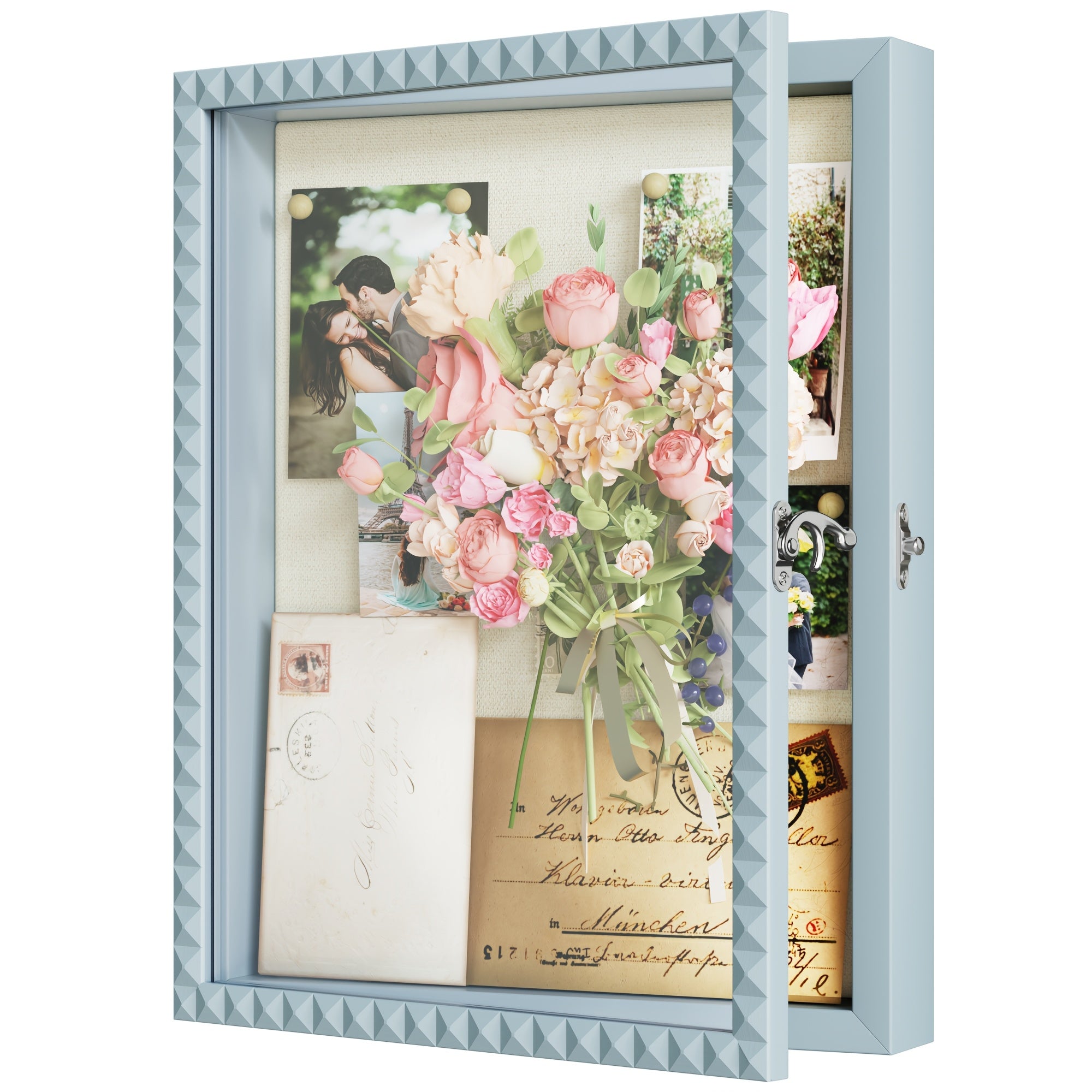 Large Wood Picture Frame Display Box with Diamond Door & Vintage Lock - Deep Blue Shadow Box Case Suitable for Graduation Medals, Wedding Keepsakes, Baby Photos, Memory Box for Decor, Photos, Awards, Wedding Flower Petals Preservation